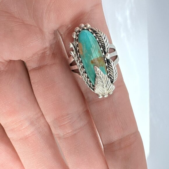VTG Solid Sterling Silver 925 Turquoise Leaf Design Statement Ring Size 8.75 - Picture 5 of 8